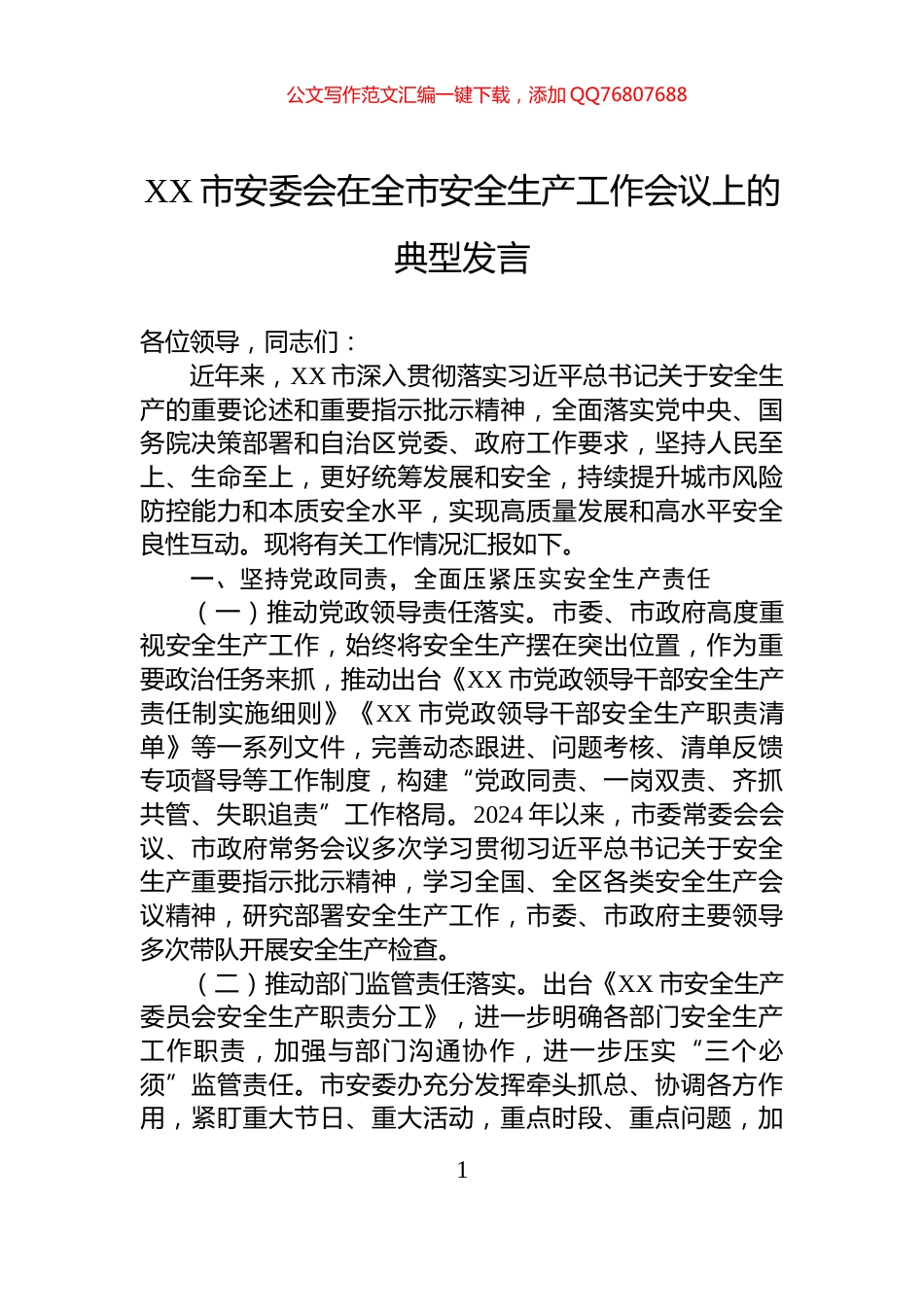 XX市安委会在全市安全生产工作会议上的典型发言_第1页