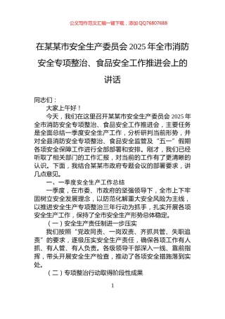 在某某市安全生产委员会2025年全市消防安全专项整治、食品安全工作推进会上的讲话
