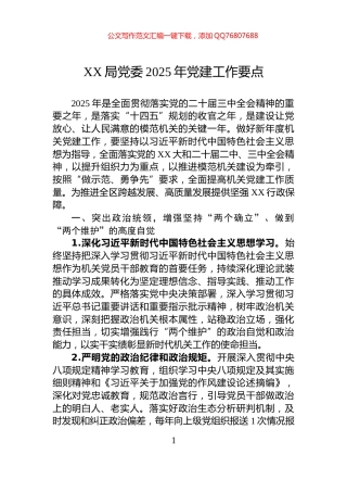 XX局党委2025年党建工作要点