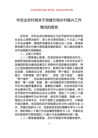 市农业农村局关于党建引领乡村振兴工作情况的报告