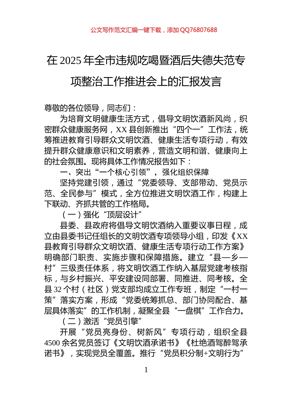 在2025年全市违规吃喝暨酒后失德失范专项整治工作推进会上的汇报发言_第1页