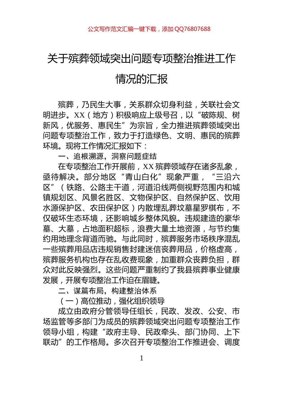 关于殡葬领域突出问题专项整治推进工作情况的汇报_第1页