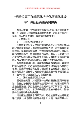 “纪检监察工作规范化法治化正规化建设年”行动动自查自纠报告