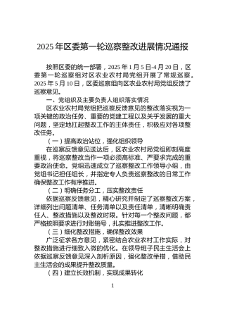 2025年区委第一轮巡察整改进展情况通报