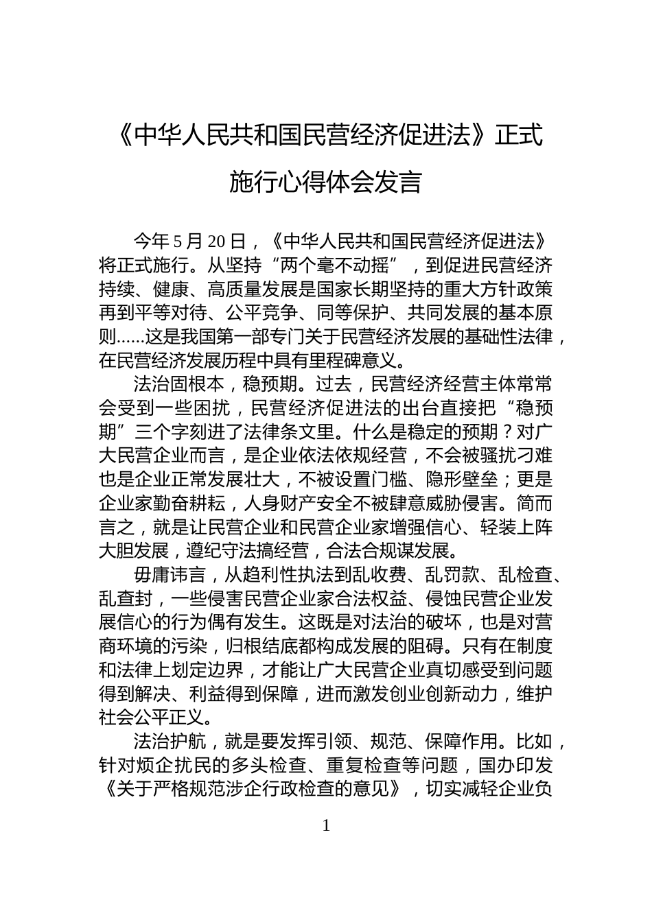 《中华人民共和国民营经济促进法》正式施行心得体会发言_第1页
