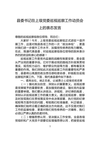 县委书记在上级党委巡视巡察工作动员会上的表态发言