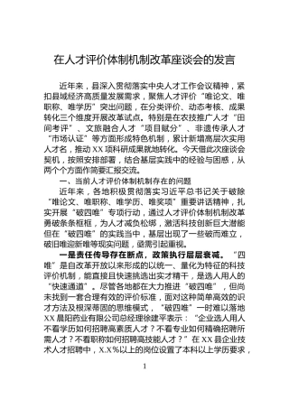 在人才评价体制机制改革座谈会的发言