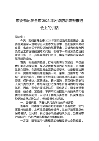 市委书记在全市2025年污染防治攻坚推进会上的讲话