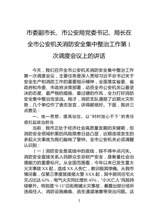市委副市长、市公安局党委书记、局长在全市公安机关消防安全集中整治工作第1次调度会议上的讲话