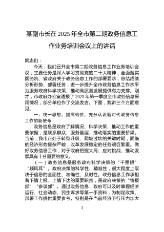 某副市长在2025年全市第二期政务信息工作业务培训会议上的讲话