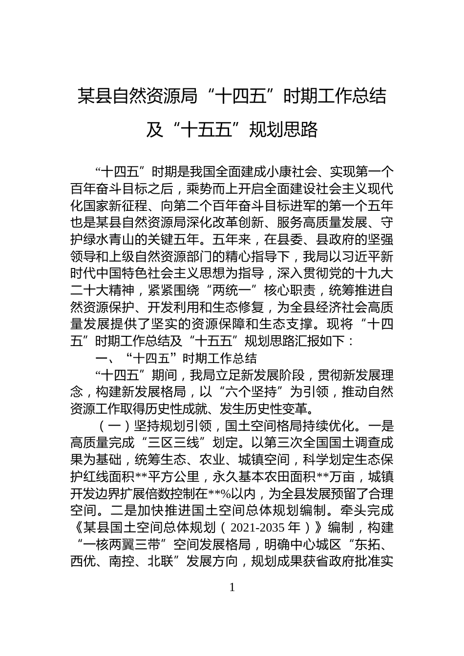 某县自然资源局“十四五”时期工作总结及“十五五”规划思路_第1页