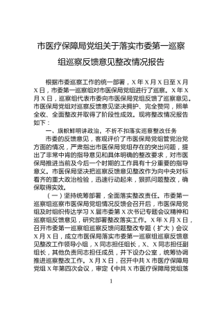市医疗保障局党组关于落实市委第一巡察组巡察反馈意见整改情况报告