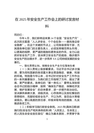 在2025年安全生产工作会上的研讨发言材料
