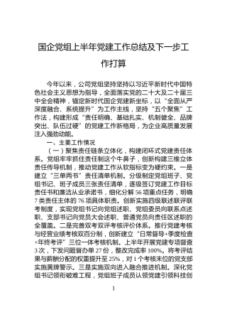 国企党组上半年党建工作总结及下一步工作打算