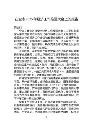 在全市2025年经济工作推进大会上的报告