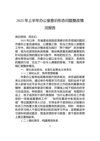 2025年上半年办公室意识形态问题整改情况报告