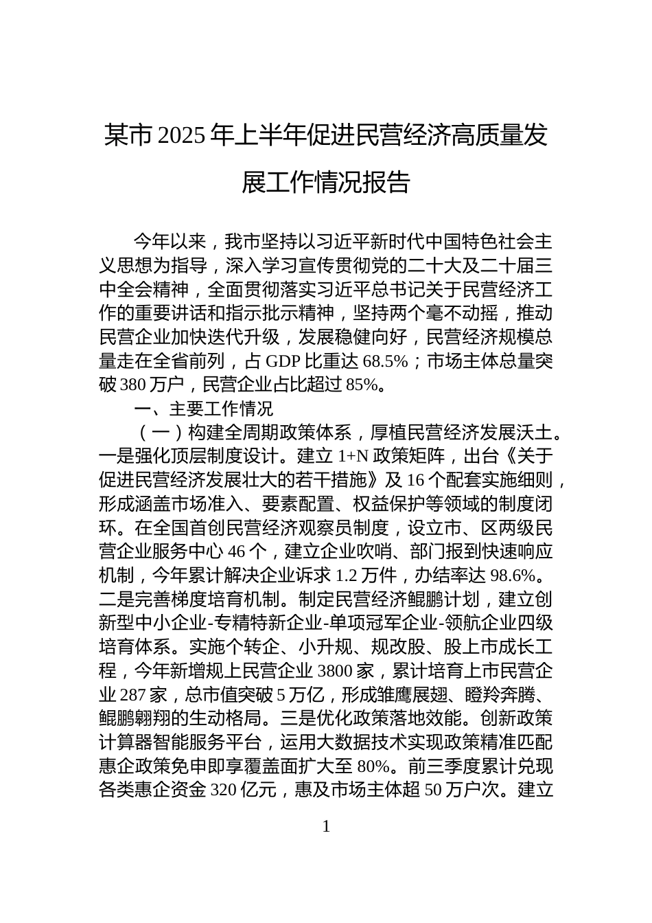 某市2025年上半年促进民营经济高质量发展工作情况报告_第1页