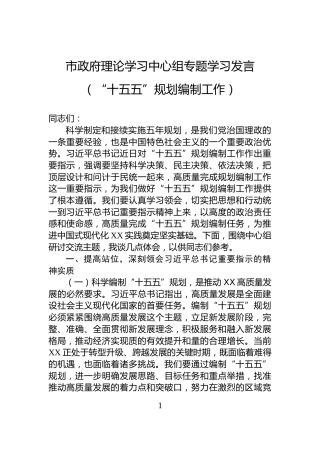市政府理论学习中心组专题学习发言（“十五五”规划编制工作）