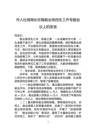 市人社局局长在稳就业保民生工作专题会议上的发言