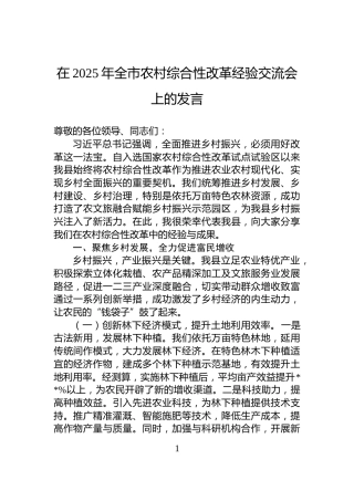 在2025年全市农村综合性改革经验交流会上的发言