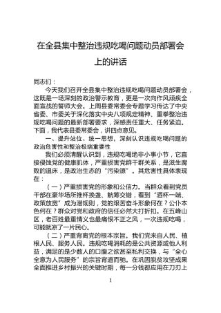 在全县集中整治违规吃喝问题动员部署会上的讲话