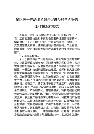 某区关于推动城乡融合促进乡村全面振兴工作情况的报告
