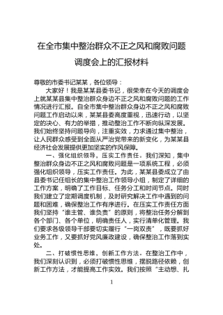 在全市集中整治群众不正之风和腐败问题调度会上的汇报材料