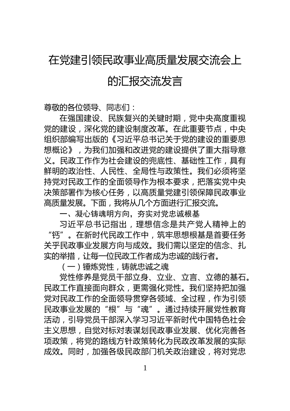 在党建引领民政事业高质量发展交流会上的汇报交流发言_第1页