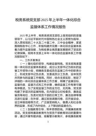 税务系统党支部2025年上半年一体化综合监督体系工作情况报告