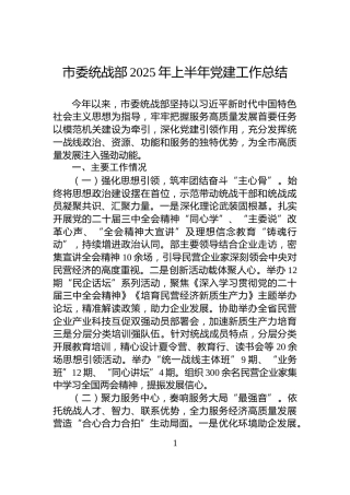 市委统战部2025年上半年党建工作总结