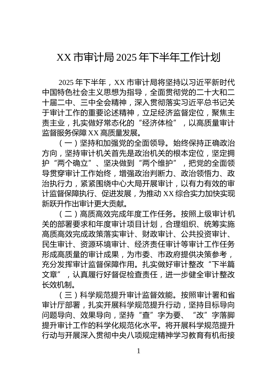 XX市审计局2025年下半年工作计划_第1页