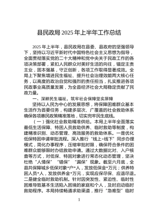 县民政局2025年上半年工作总结