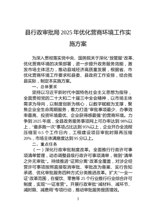 县行政审批局2025年优化营商环境工作实施方案