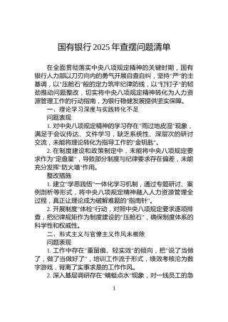 国有银行2025年查摆问题清单