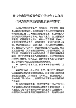 参加全市警示教育会议心得体会：以优良作风为某某故里高质量发展保驾护航