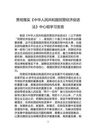 贯彻落实《中华人民共和国民营经济促进法》中心组学习发言