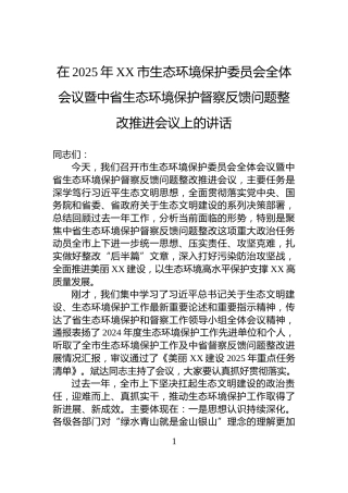 在2025年XX市生态环境保护委员会全体会议暨中省生态环境保护督察反馈问题整改推进会议上的讲话