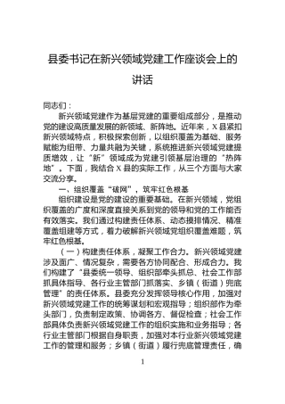 县委书记在新兴领域党建工作座谈会上的讲话
