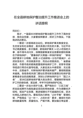 在全县耕地保护整治提升工作推进会上的讲话提纲