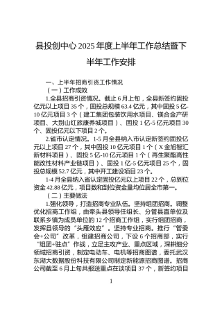 县投创中心2025年度上半年工作总结暨下半年工作安排