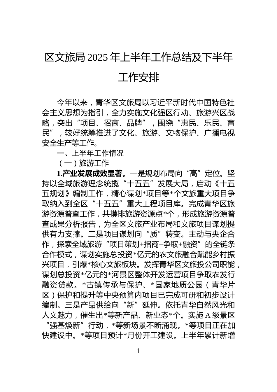 区文旅局2025年上半年工作总结及下半年工作安排_第1页