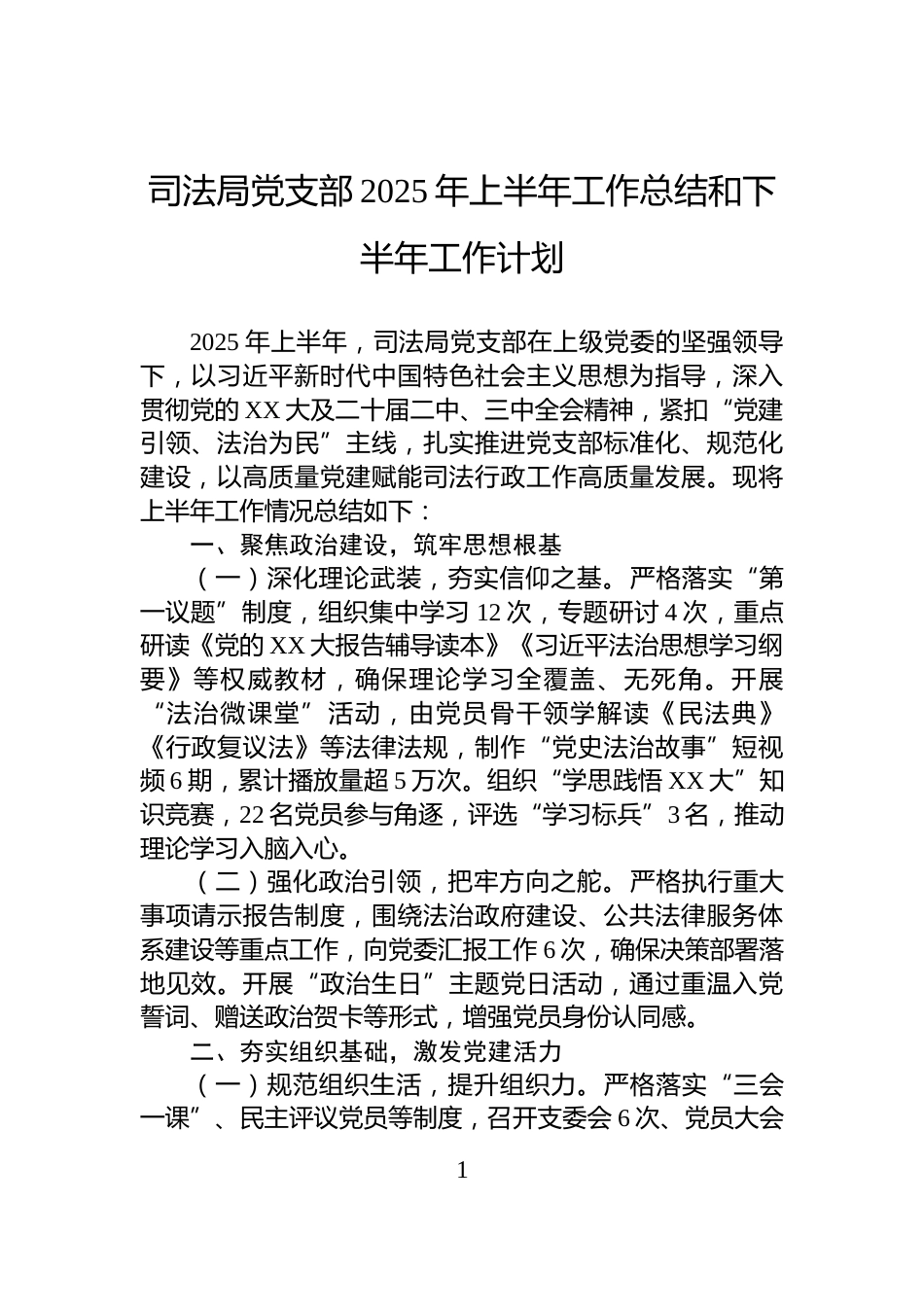 司法局党支部2025年上半年工作总结和下半年工作计划_第1页