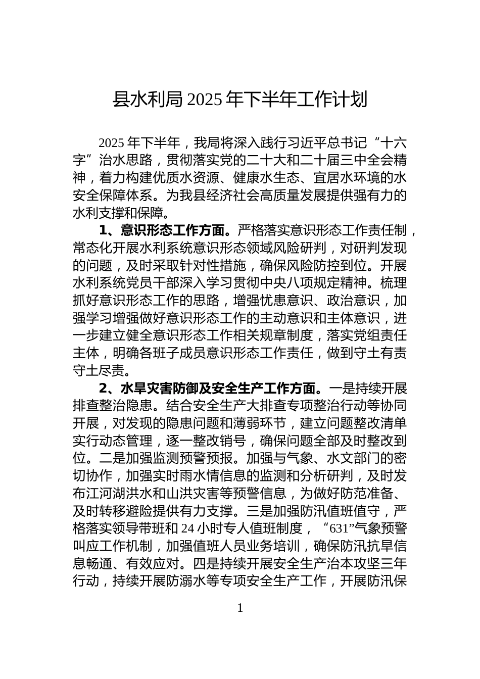 县水利局2025年下半年工作计划_第1页