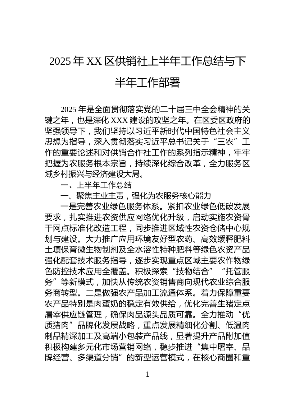 2025年XX区供销社上半年工作总结与下半年工作部署_第1页