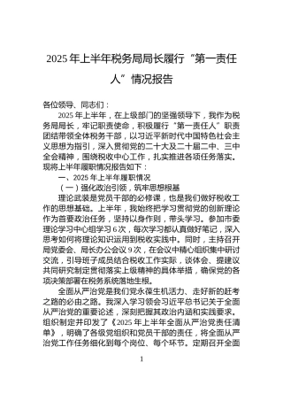 2025年上半年税务局局长履行“第一责任人”情况报告