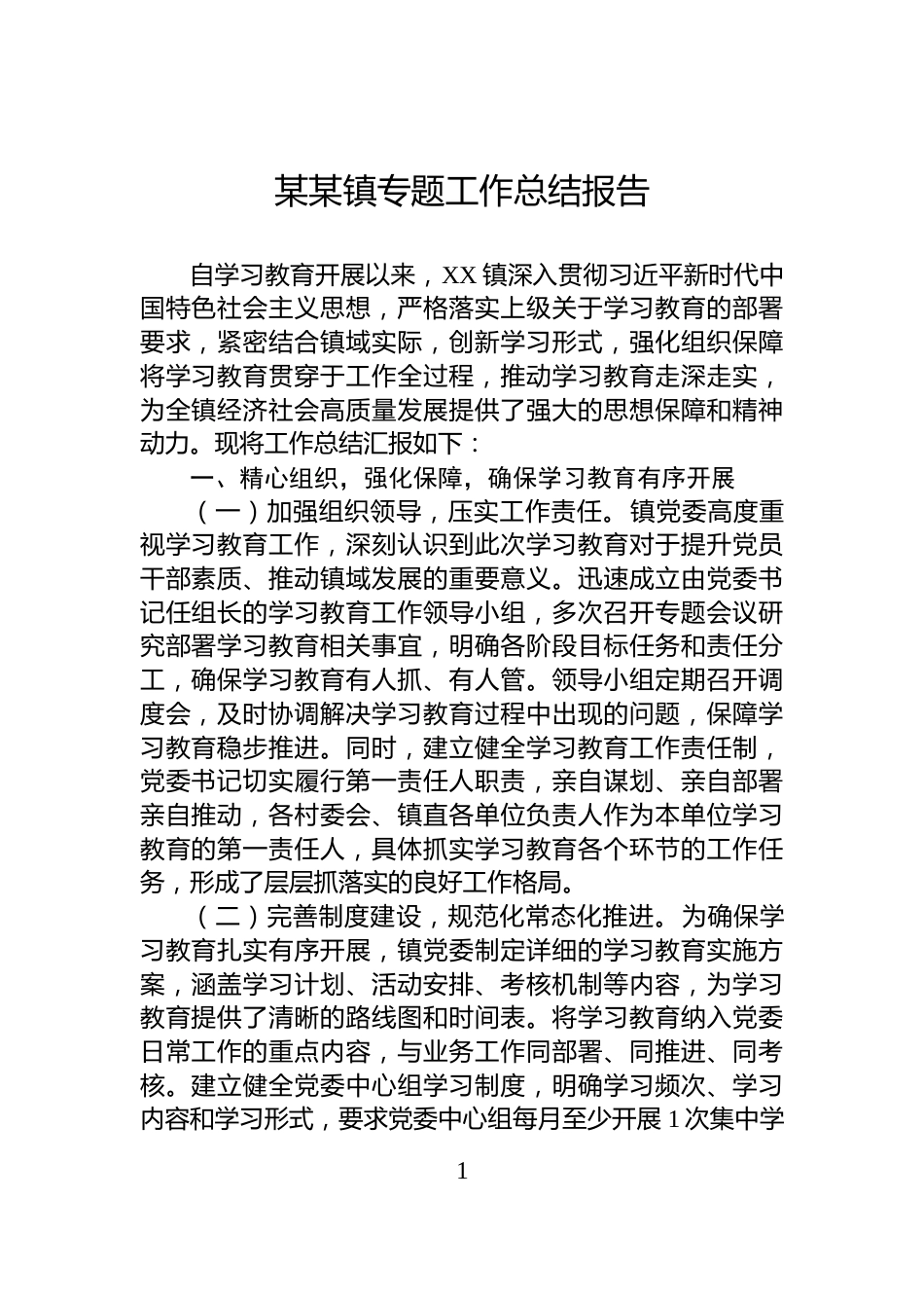 某某镇专题工作总结报告_第1页