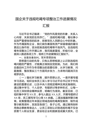 国企关于违规吃喝专项整治工作进展情况汇报