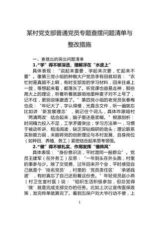 某村党支部普通党员专题查摆问题清单与整改措施