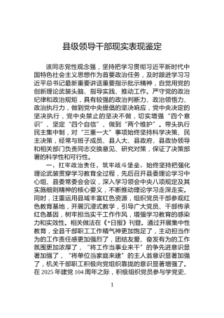 县级领导干部现实表现鉴定