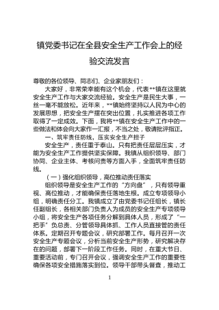 镇党委书记在全县安全生产工作会上的经验交流发言